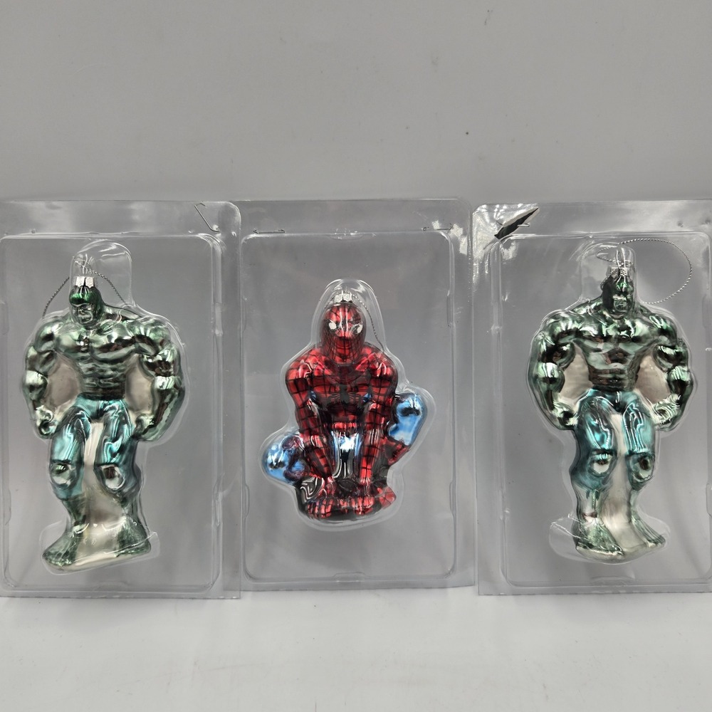 2008 Marvel Incredible Hulk & Spiderman Blown Glass Christmas Tree 5.5" Ornament